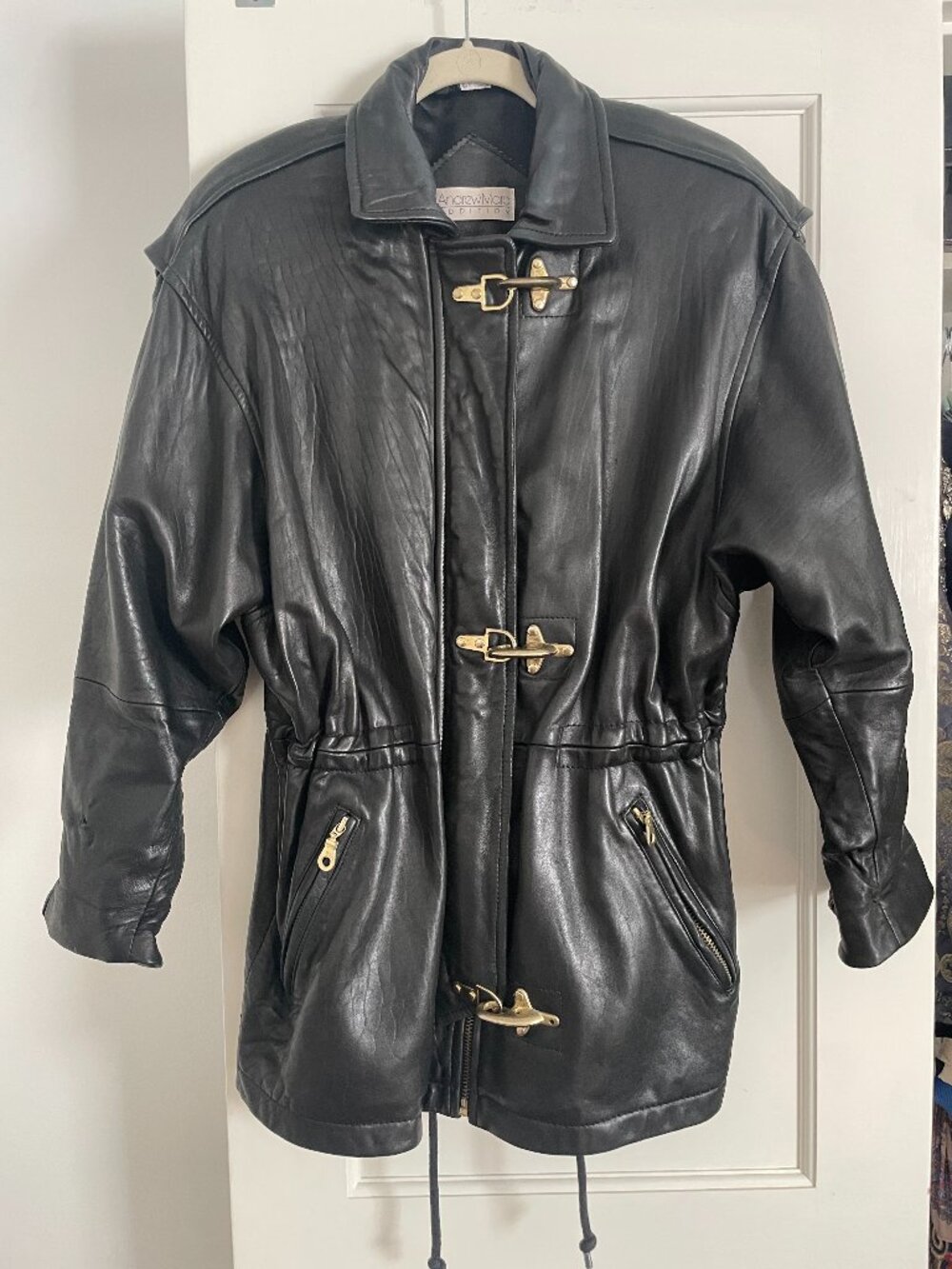 Vintage Andrew Marc Black Leather Jacket Brass Toggle Moto Coat